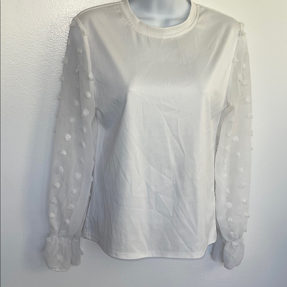 Womens white long sleeve top Blouse Sheer polka dot size small SEE FLAWS